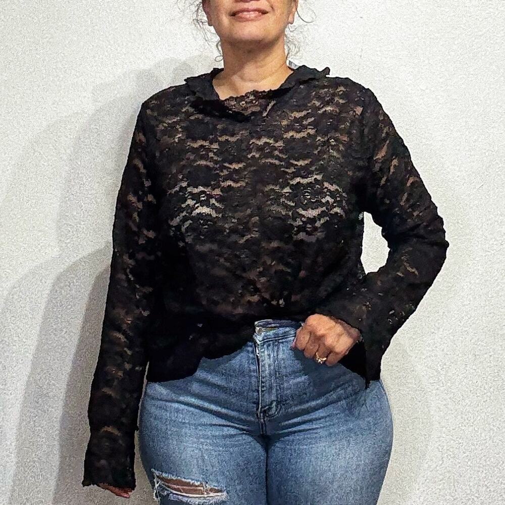 Clifford & Willis Black Sheer Lace Long Sleeve Blouse Sz 22